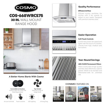 Cosmo 668Wrcs75 Wall Mount Range Hood With Ducted Exhaust Vent 3 Speed Fan Soft Touch Controls Tempered Glass Permanent Filt