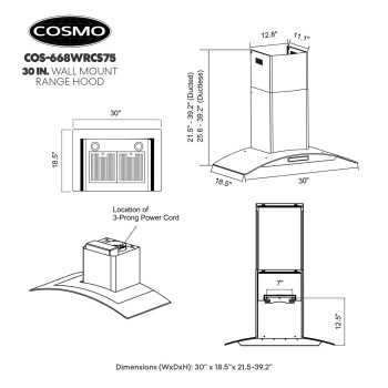 Cosmo 668Wrcs75 Wall Mount Range Hood With Ducted Exhaust Vent 3 Speed Fan Soft Touch Controls Tempered Glass Permanent Filt