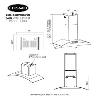 Cosmo Cos668Wrcs90 36 In Ducted Wall Mount Range Hood In Stainless Steel With Touch Controls Led Lighting And Permanent Filte