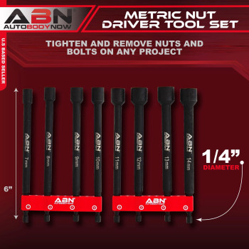 Abn Impact Nut Driver Tool Set 8Pc Metric 6 In Long Shank Nut Driver Bits Magnetic Tip Sockets 14 In Hex Shank