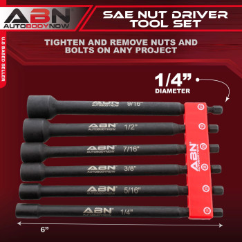 Abn Impact Nut Driver Tool Set 6Pc Sae 6 In Long Shank Nut Driver Bits Magnetic Tip Sockets 14 In Hex Shank