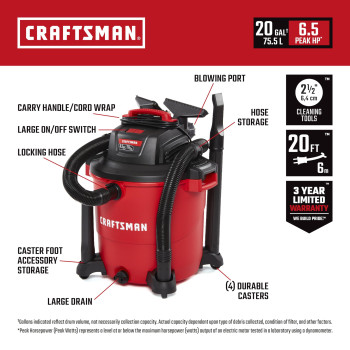 Craftsman Cmxevbe17596 20 Gallon 65 Peak Hp Wetdry Vac Heavyduty Shop Vacuum With Attachments