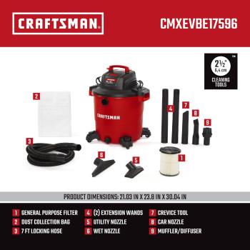 Craftsman Cmxevbe17596 20 Gallon 65 Peak Hp Wetdry Vac Heavyduty Shop Vacuum With Attachments