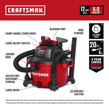 Craftsman Cmxevbe17594 12 Gallon 60 Peak Hp Wet Dry Vac Portable Shop Vacuum Wet And Dry With Filter Dust Bag Hose And Attac