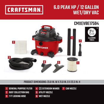 Craftsman Cmxevbe17594 12 Gallon 60 Peak Hp Wet Dry Vac Portable Shop Vacuum Wet And Dry With Filter Dust Bag Hose And Attac