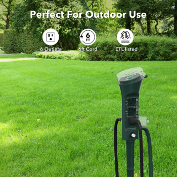 Bnlink Outdoor Power Stake Timer 100Ft Wireless Remote Control Dusk To Dawn Sensor For Outdoor Lights 6 Grounded Outlets 6F