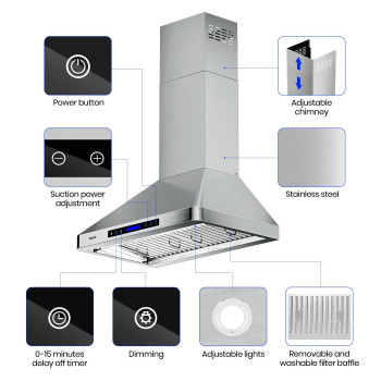 Ekon Wall Chimney Range Hood 30 Ductedductless Convertible Range Hood Stainless Steel 900Cfm With 4 Speeds Touch Control Lcd