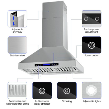 Range Hoods 36 Inch Ekon Wall Mount Range Hood Stainless Steel 900 Cfm Touch Panel Control With Remote And Lcd Display 4 Pc