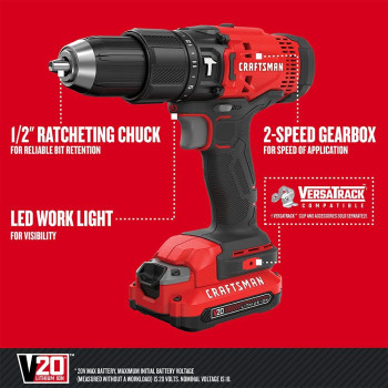 Craftsman V20 Cordless Hammer Drill Kit 12 Inch 2 Batteries And Charger Included Cmcd711C2