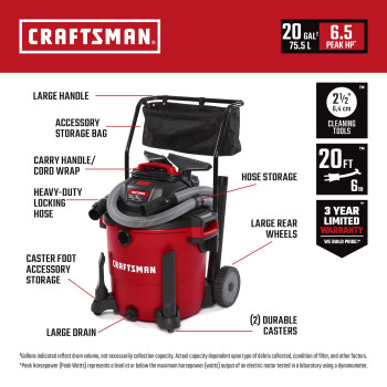 Craftsman Cmxevbe17656 20 Gallon 65 Peak Hp Wet Dry Vac With Cart Heavyduty Shop Vacuum Wet And Dry With Fine Dust Filter Du