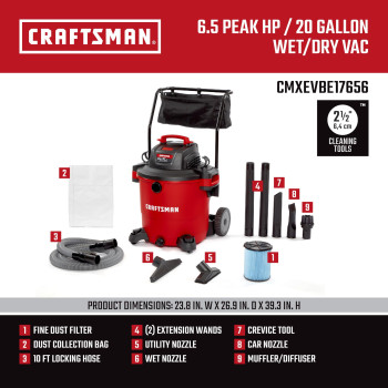 Craftsman Cmxevbe17656 20 Gallon 65 Peak Hp Wet Dry Vac With Cart Heavyduty Shop Vacuum Wet And Dry With Fine Dust Filter Du