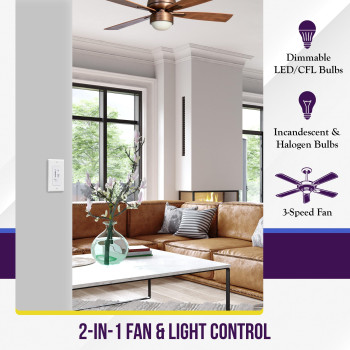 Enerlites 3 Speed Ceiling Fan Control And Led Dimmer Light Switch 25A Single Pole Light Fan Switch 300W Incandescent Load No