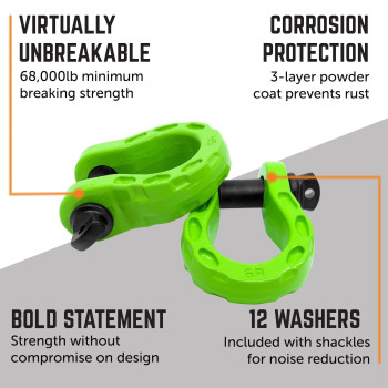 GearAmerica Mega D Ring Shackles - 68,000 lbs Capacity, Stronger Than 3/4 D Rings -Tow Shackle, 7/8 Pin & Washers - Securely Connect Tow Strap or Winch Rope for Off-Road Recovery - Green, 2-Pack