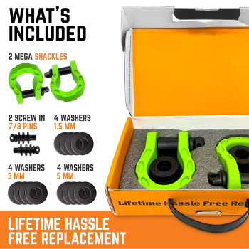 GearAmerica Mega D Ring Shackles - 68,000 lbs Capacity, Stronger Than 3/4 D Rings -Tow Shackle, 7/8 Pin & Washers - Securely Connect Tow Strap or Winch Rope for Off-Road Recovery - Green, 2-Pack