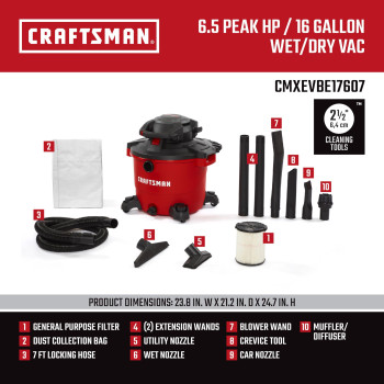 Craftsman Cmxevbe17607 16 Gallon 65 Peak Hp Wetdry Vac With Detachable Leaf Blower Heavyduty Shop Vacuum With Attachments