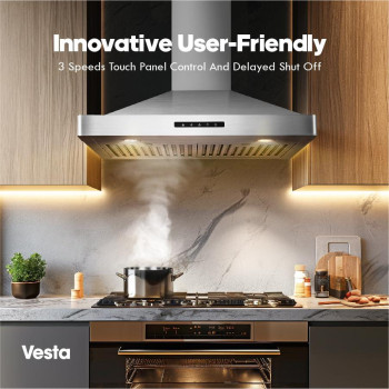 Vesta Milan 30 Inches 800Cfm Stainless Steel European Style Wall Mount Range Hood With Led Lights Touch Screen Round Front Edges