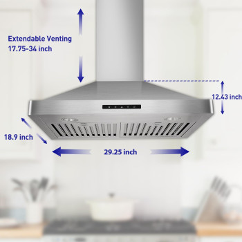 Vesta Milan 30 Inches 800Cfm Stainless Steel European Style Wall Mount Range Hood With Led Lights Touch Screen Round Front Edges