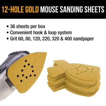 Duragold Premium Mouse Detail Sander Sandpaper 36 Assorted Grit Sanding Sheets 60 80 120 220 320 40012 Hole Pattern Hook