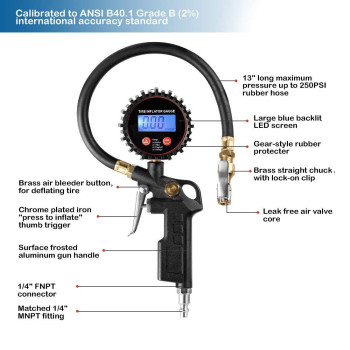 Czc Auto Digital Tire Inflator Pressure Gauge Led Display Tyre Deflator Gage With Straight Brass Lockon Chuck Rubber Hose Com