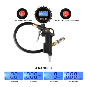 Czc Auto Digital Tire Inflator Pressure Gauge Led Display Tyre Deflator Gage With Straight Brass Lockon Chuck Rubber Hose Com