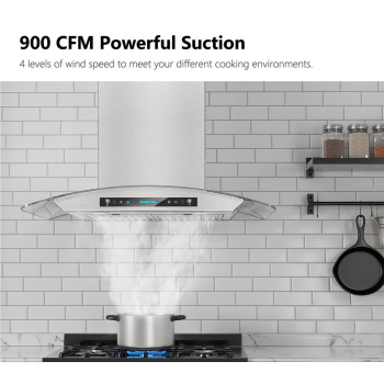 Iktch 30Inch Wall Mount Range Hood Tempered Glass 900 Cfm Kitchen Chimney Vent Stainless Steel With Gesture Sensing Touch Co