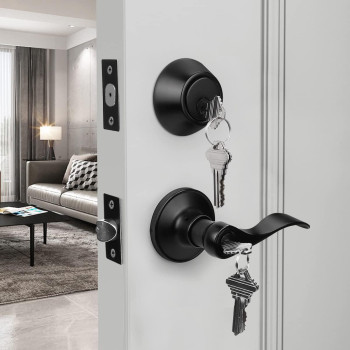 Gobrico 2 Pack Exterior Door Lever Lockset With Single Cylinder Deadbolt Black Door Handle With Deadbolt Lock Set Keyed Alike M