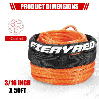 FIERYRED Synthetic Winch Rope Cable Kit 3/16inch 50FT 8500lbs Winch Line Replacement with Protective Sleeve for 4WD Off-Road Vehicle SUV, Orange