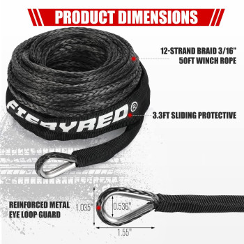 FIERYRED Synthetic Winch Rope Cable 3/16inch 50FT 8500lbs Winch Line Replacement with Protective Sleeve for 4WD Off-Road Vehicle ATV UTV, Black