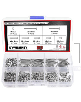 Dywishkey 310 Pieces M2 X 4Mm6Mm8Mm10Mm12Mm16Mm20Mm Stainless Steel 304 Hex Socket Head Cap Bolts Screws Nuts Kit With He