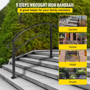 Happybuy Handrails For Outdoor Steps Fit 1 Or 5 Steps Outdoor Stair Railing Black Wrought Iron Handrail Flexible Front Porch