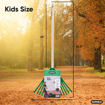 Superio Kids Rake With Hardwood Handle Gardening And Lawn Care Tools For Kids Sweep Leaves And Tidying Up The Garden Plastic