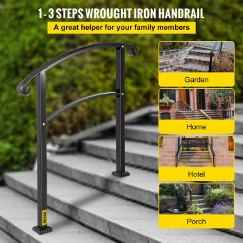 Happybuy 3Step Transitional Handrail Fits 1 Or 3 Steps Matte Stair Rail Wrought Iron Handrail With Installation Kit Hand Rails