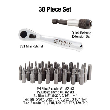 Sunex Tools 38 Piece Truetimber Kanati Mini Ratchet And Bit Set 18Inch 14Inch S2 Bits 564Inch 14Inch Hex Bits 972