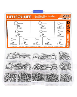 Helifouner 200 Pieces 11 Sizes Nickel Plated Steel Screw Eyes Assortment Kit