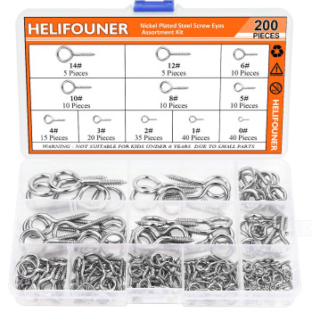 Helifouner 200 Pieces 11 Sizes Nickel Plated Steel Screw Eyes Assortment Kit