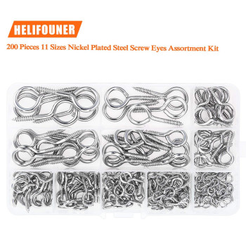 Helifouner 200 Pieces 11 Sizes Nickel Plated Steel Screw Eyes Assortment Kit