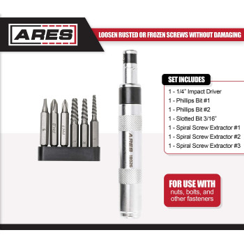 Ares 1802614Inch Drive Manual Reversible Impact Driver Includes 6Piece Flathead Phillips And Spiral Screw Extractor Bit