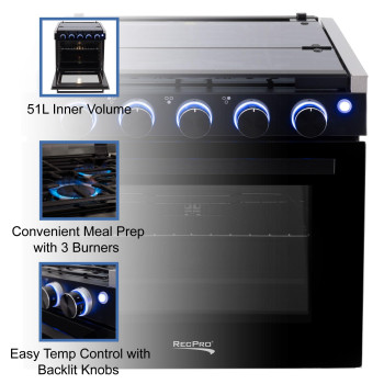 Recpro Rv Stove Gas Range 21 Tall 3 Burner 18 Cu Ft 7100 Btu Optional Vented Range Hood Black Or Silver Color Op