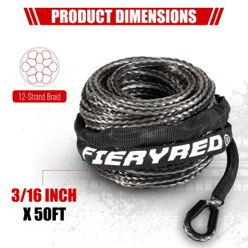 FIERYRED Synthetic Winch Rope Cable 3/16inch 50FT 8500lbs Winch Line Replacement with Protective Sleeve for 4WD Off-Road Vehicle SUV, Black and Gray