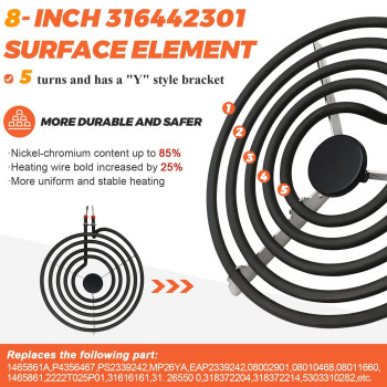 316442301 Mp26Ya Electric Burner Replacement 8Coil Range Cooktop Stove 5 Turns Surface Burner Heating Element 316442301 Su