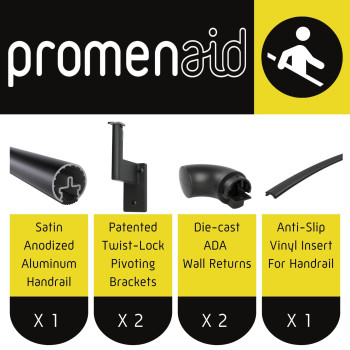 Promenaid 3Ft Ada Handrail Kit Satin Black Complete Indooroutdoor Handrail For Stairs 16 Round Anodized Aluminum Raili