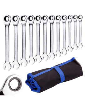 Qnkaa Ratchet Spanner Set Combination Wrench 12 Piece Metric Sizes From 8Mm To 19Mm With Roll Bag Perfect For Home Bike Car R