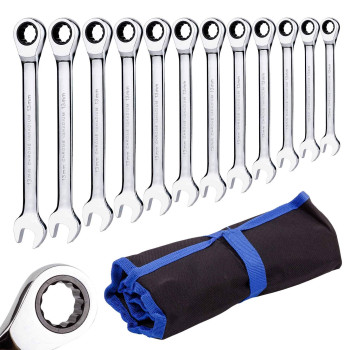 Qnkaa Ratchet Spanner Set Combination Wrench 12 Piece Metric Sizes From 8Mm To 19Mm With Roll Bag Perfect For Home Bike Car R