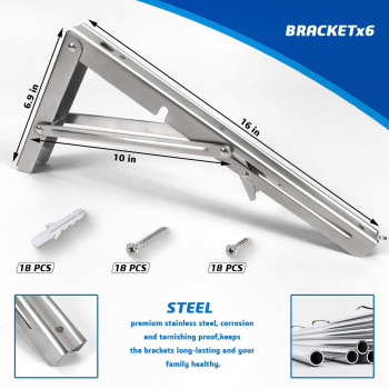 Folding Shelf Brackets 16 Inch Heavy Duty Stainless Steel Collapsible Hinges Wall Mounted Angle L Bracket For Floating Shleves