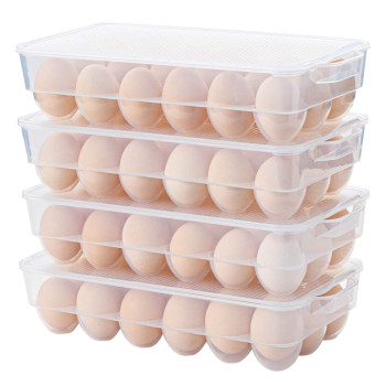 Zhenfan Clear Plastic Egg Holder For Refrigerator Stackable Egg Storage Trays With Lid Handles Plastic Egg Box Carrier 4 Pac