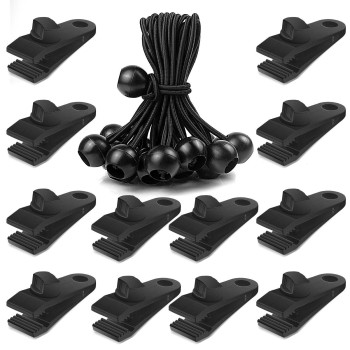 24 Pcs Tarp Clips And Ball Bungee Cords Tarp Clamps Heavy Duty Lock Grip Tent Pool Awning Fasteners Clips With 6 Inch Bungee Ba