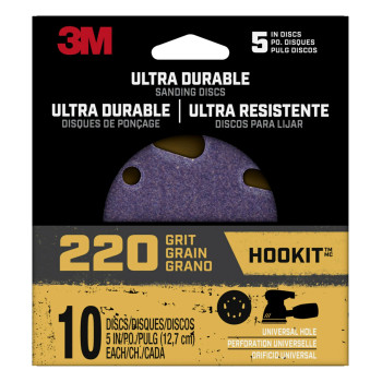 3M Ultra Durable 5 Inch Power Sanding Discs Universal Hole 220 Grit 10Pack