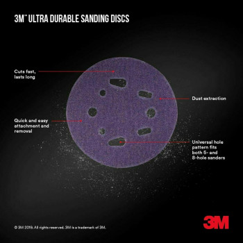 3M Ultra Durable 5 Inch Power Sanding Discs Universal Hole 220 Grit 10Pack