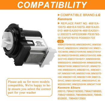 4681Ea2001T Washer Drain Pump Motor Compatible With Lg Kenmore Washers Wm8000Hva Wm2101Hw Wm2301Hr Wm2487Hrma Mah5500Bww Wm3