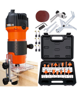 Thinkwork Compact Router 65Amp 125 Hp Compact Wood Palm Router Wood Trimmer With 15 Pieces 14 Router Bits Set 30000Rmi